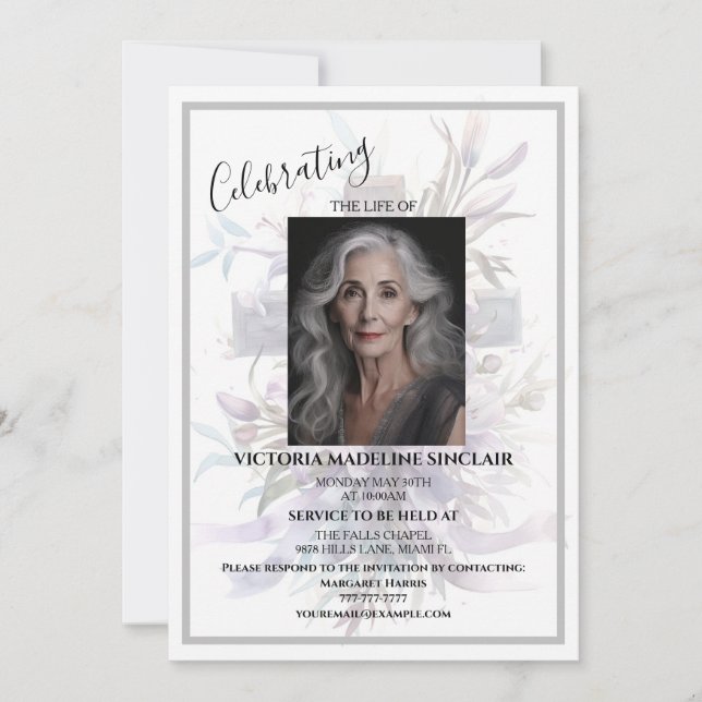 Invitación de funeral con foto de vida de lavanda (Anverso)