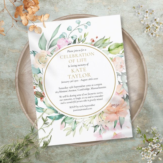 Invitación de funeral de celebración floral de la  (Floral Celebration of Life Funeral Invitation)