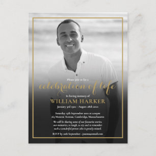 Invitación de funeral dorado en blanco y negro