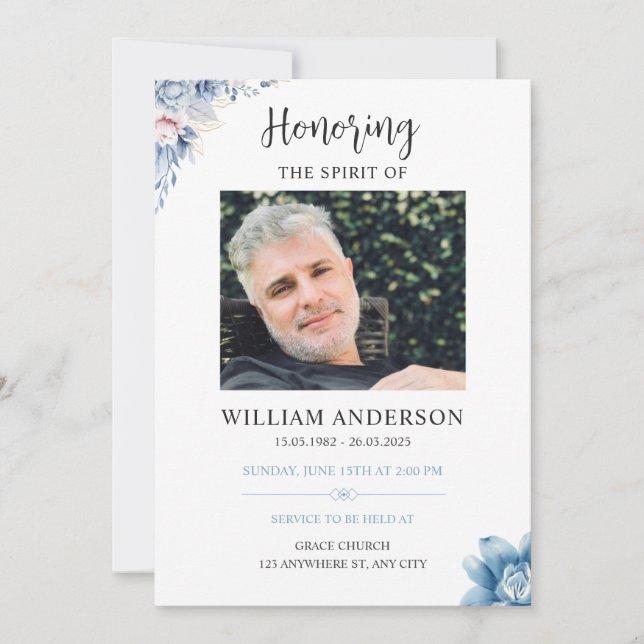 Invitación de funeral floral azul Celebración de l (Anverso)