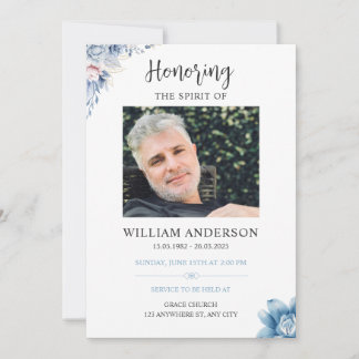 Invitación de funeral floral azul Celebración de l