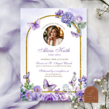 Invitación de funeral floral púrpura mariposa