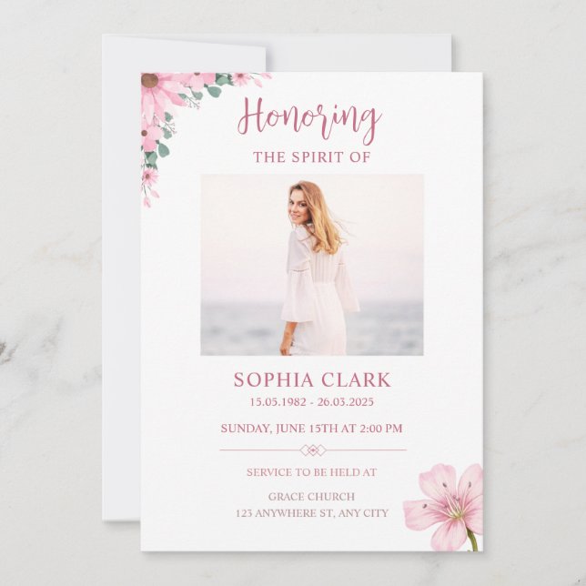 Invitación de funeral floral rosa Celebración de l (Anverso)
