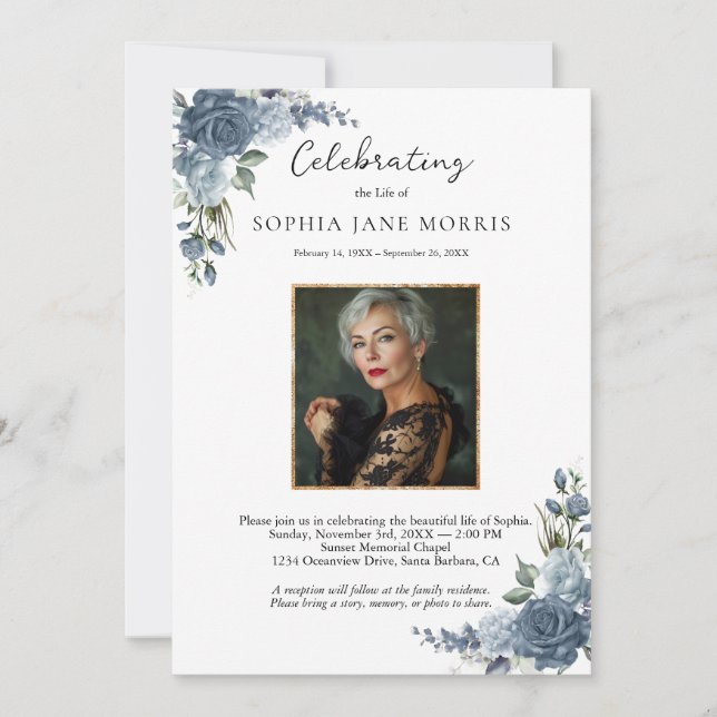 Invitación de Funeral Personalizada en Azul Polvor (Anverso)