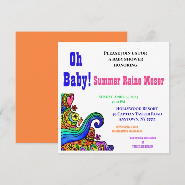 Invitación de FUNKY Baby Shower, género neutral, c (Anverso / Reverso)