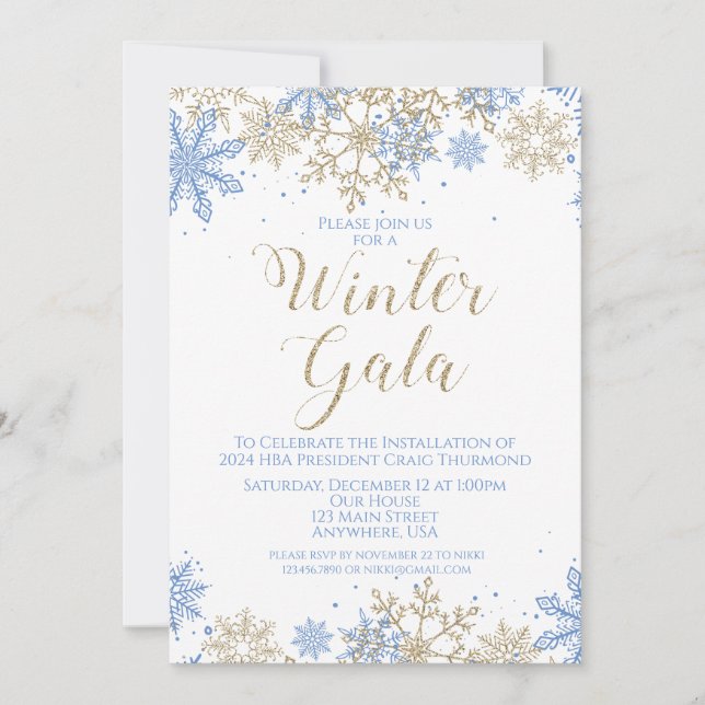 Invitación de Gala de Invierno Azul y Dorado (Anverso)