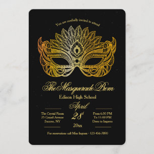 Invitación de Gala de Máscaras con Máscara de Oro