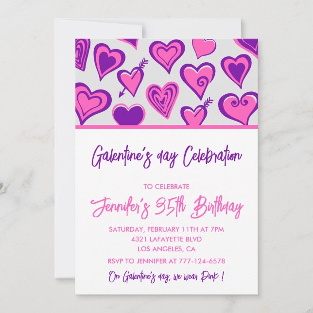 Invitación de Galentine a amigas Morado Día de San (Anverso)