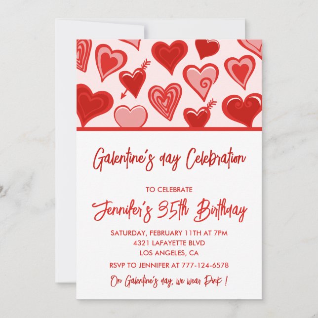 Invitación de Galentine Brunch rosa y rojo Amigas (Anverso)