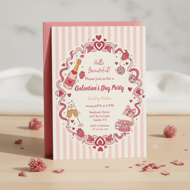 Invitación de Galentine's con rayas retro (Pink Stripe Invitation)