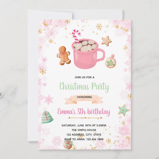 Invitación de galletas de invierno rosadas y cacao (Anverso)