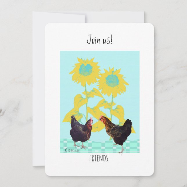 Invitación de gallinas con girasoles artísticos (Anverso)