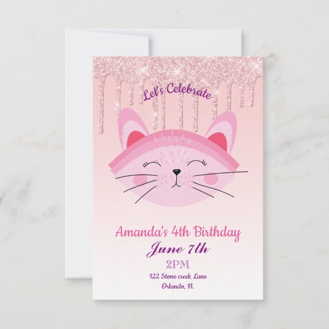Invitación de gatito con purpurina goteante rosa (Anverso)