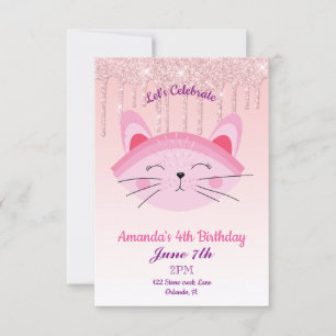 Invitación de gatito con purpurina goteante rosa