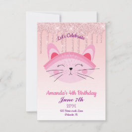 Invitación de gatito con purpurina que gotea rosa