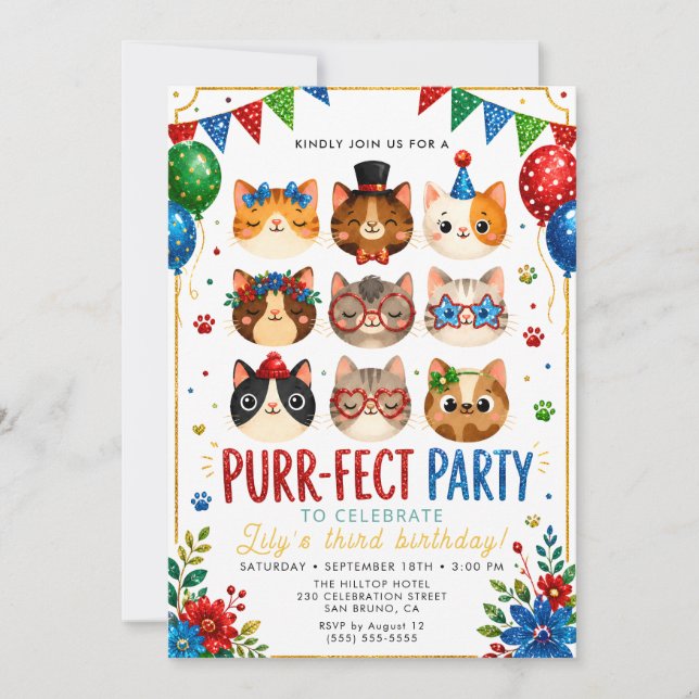 Invitación de gatito pastel adorable para niñas (Anverso)