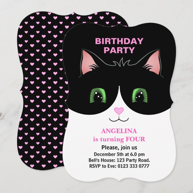 Invitación de gato de traje negro blanco lindo mod (Anverso / Reverso)