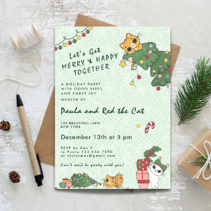 Invitación de gato lindo Kawaii y árbol de Navidad