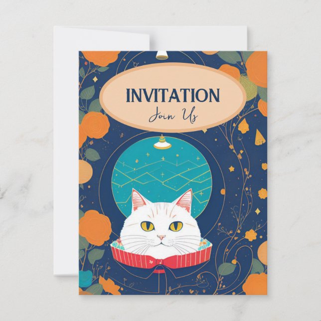 Invitación de gato melocotón naranja azul marino v (Anverso)
