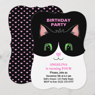 Invitación de gato moderno lindo negro y blanco de