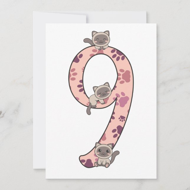 Invitación De Gato Siamés Noveno Cumpleaños Para N (Anverso)