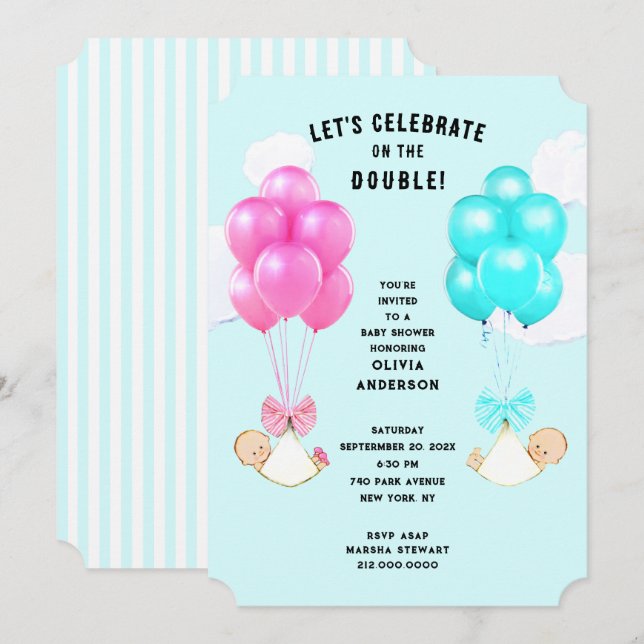 Invitación de gemelos a Baby Shower (Anverso / Reverso)