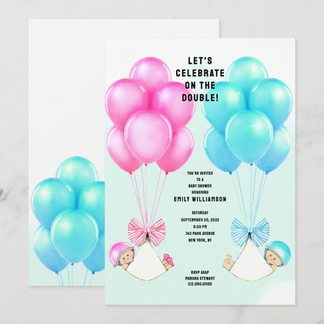 Invitación de gemelos a Baby Shower (Anverso / Reverso)