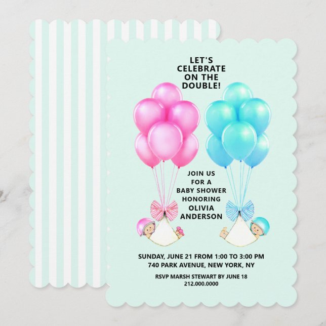 Invitación de gemelos a Baby Shower (Anverso / Reverso)