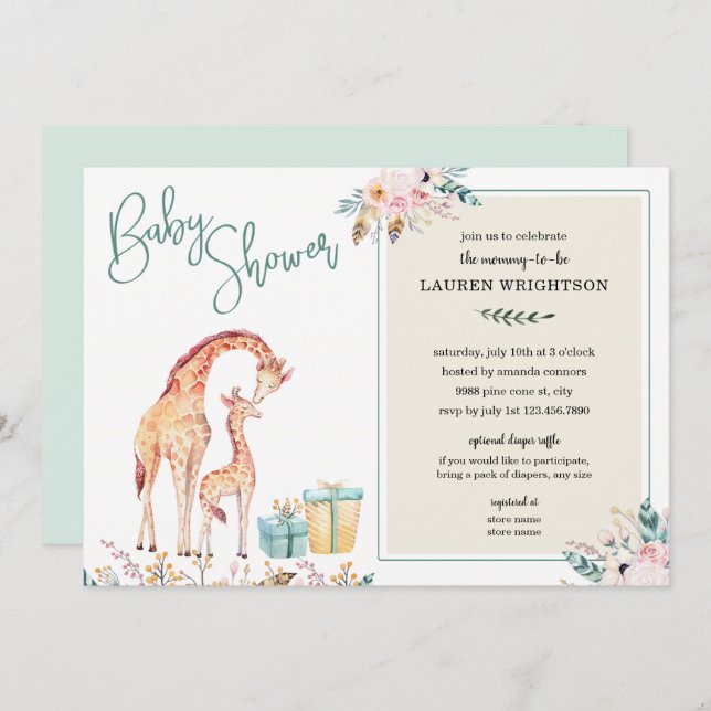 Invitación de género neutral de Boho Giraffe en Ba (Anverso / Reverso)