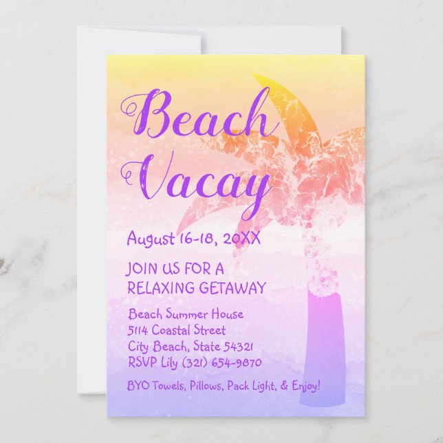 Invitación de Getaway a la playa de arena y palmer (Anverso)