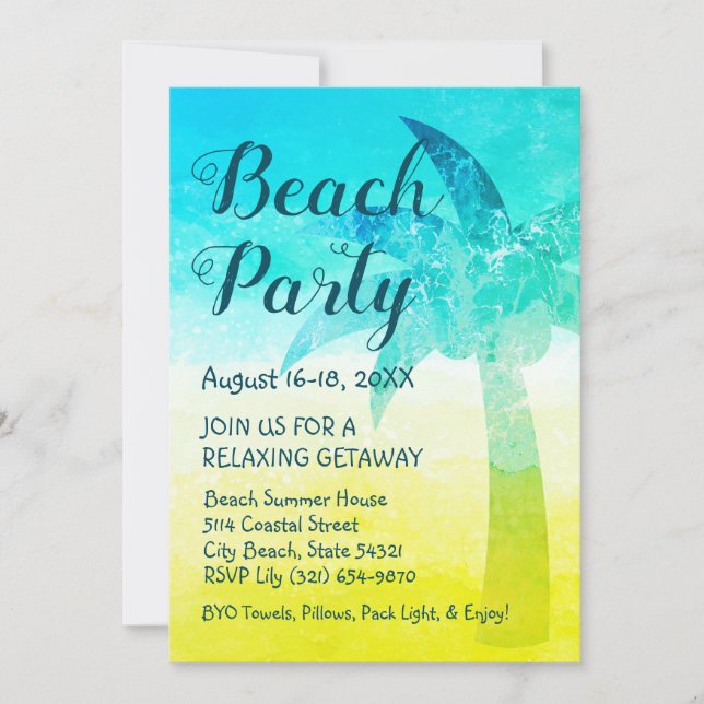 Invitación de Getaway a la playa de arena y palmer (Anverso)
