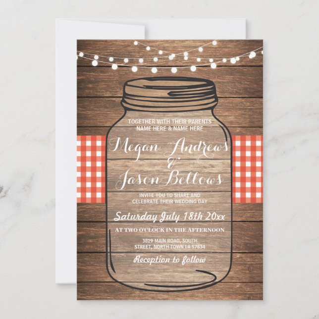 Invitación de Gingham del boda Jar Wood Rustic Red (Anverso)
