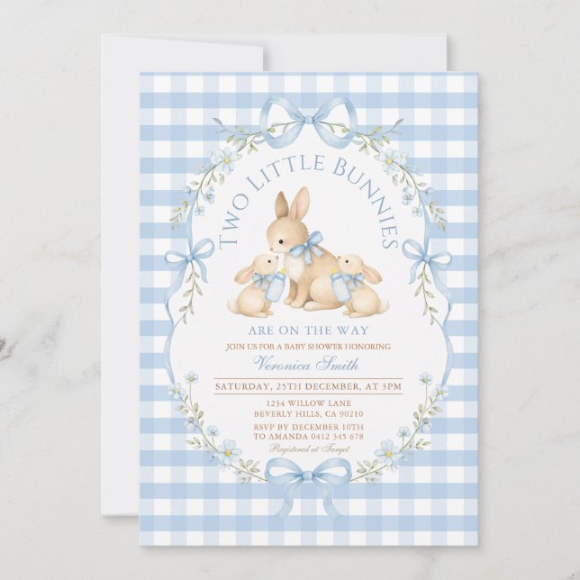 Invitación de gingham para baby shower de Dos Pequ (Anverso)