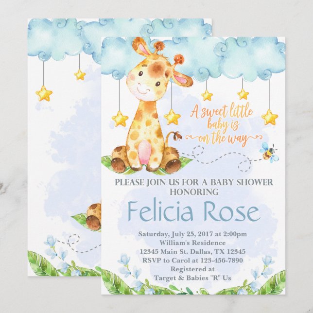 Invitación de Giraffe Baby Shower a Blue Boy (Anverso / Reverso)