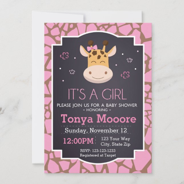 Invitación de Giraffe Baby Shower (chica) (Anverso)