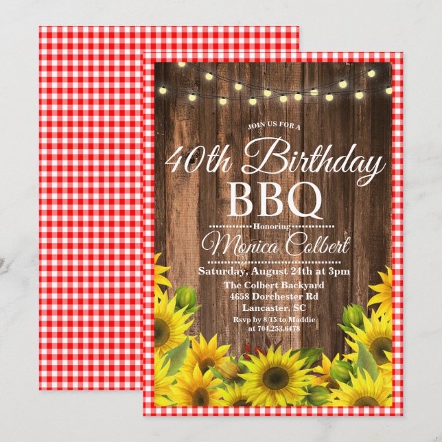 Invitación de girasol de barbacoa de cumpleaños pa (Anverso / Reverso)