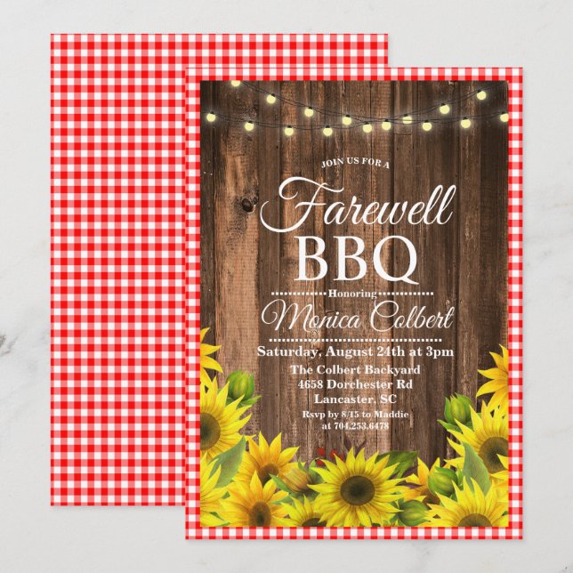 Invitación de girasol de BBQ de despedida rústica (Anverso / Reverso)