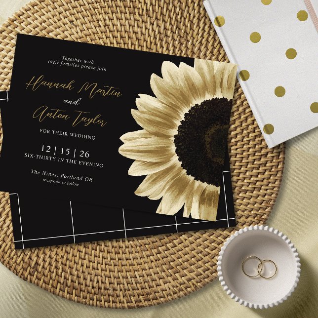Invitación de girasol de oro negro audaz y moderno (Subido por el creador)
