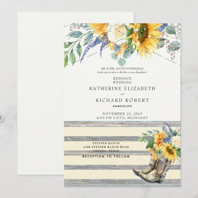 Invitación de Girasoles Rústicos Botas de Madera y (Anverso / Reverso)