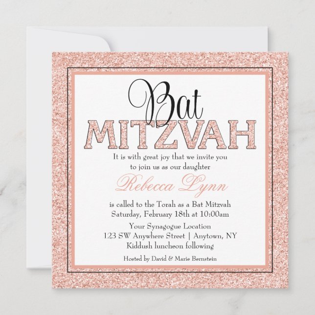 Invitación de Glam Faux Purpurina Rosa Gold Bat Mi (Anverso)