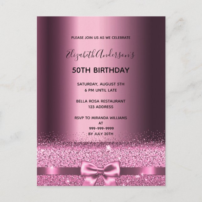 Invitación de glam morado de cumpleaños de cualqui (Anverso)