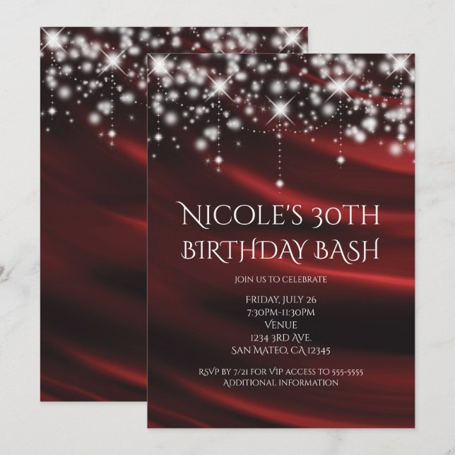 Invitación de glamour de seda roja y oro brillante (Anverso / Reverso)