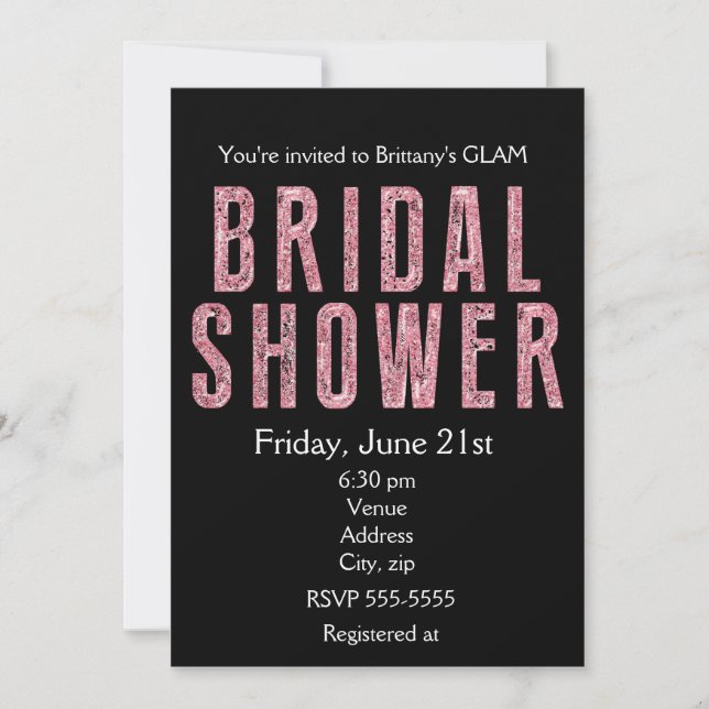 Invitación de glamour negro con brillo rosa para d (Anverso)