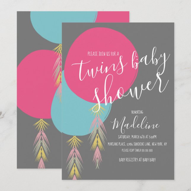 Invitación de globo boho de borla para ducha de ge (Anverso / Reverso)