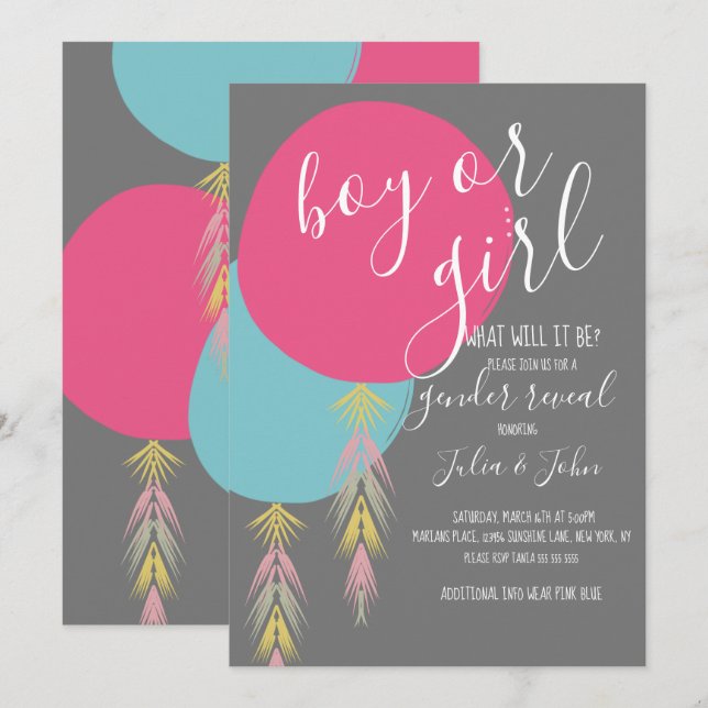 Invitación de globo boho de borla para revelar gén (Anverso / Reverso)