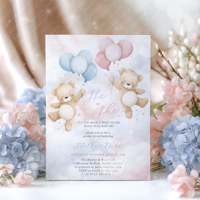 Invitación de globo de oso de revelación de género (He or She? We can bearly wait to see what will baby be?
Gender reveal in pink and blue )