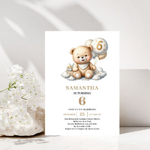 Invitación de globo dorado de osito de peluche par