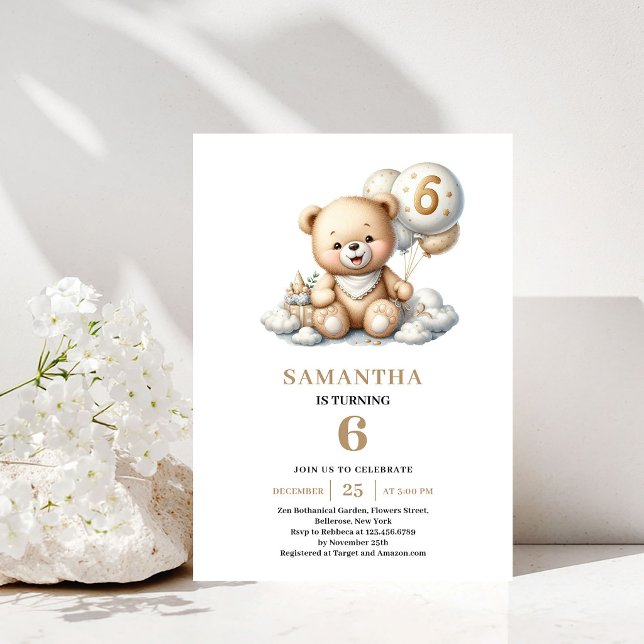 Invitación de globo dorado de osito de peluche par (6th Birthday Teddy Bear Gold Balloon Invitation)