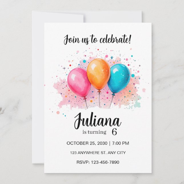 invitación de globo, globos invitación de cumpleañ (Anverso)