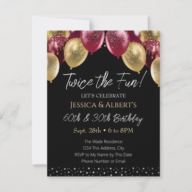 Invitación de Globo Rojo y Dorado de Cumpleaños Do (Anverso)